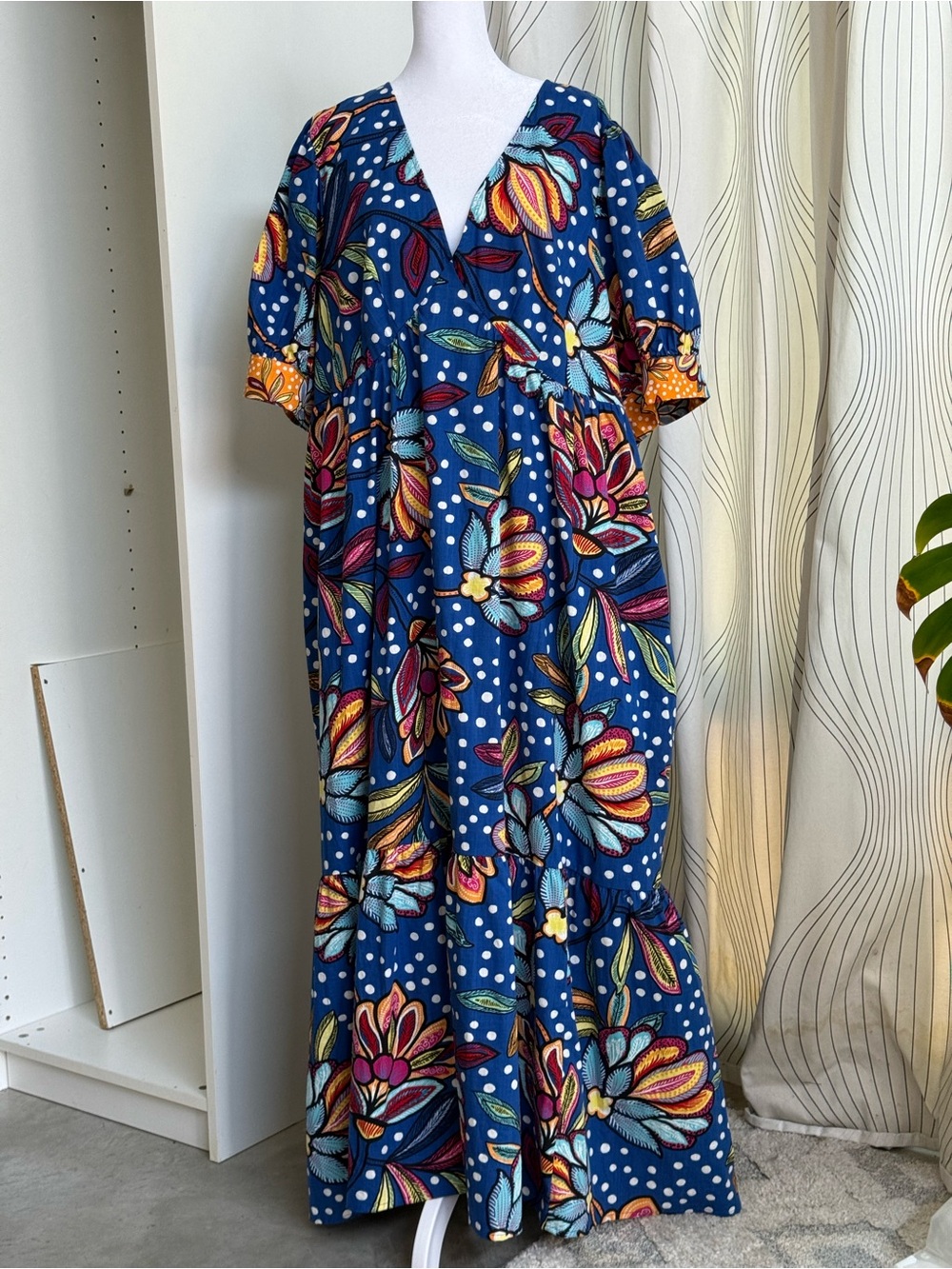 Tabitha Brown for Target blue mixed floral and polka dot puff-sleeve dress